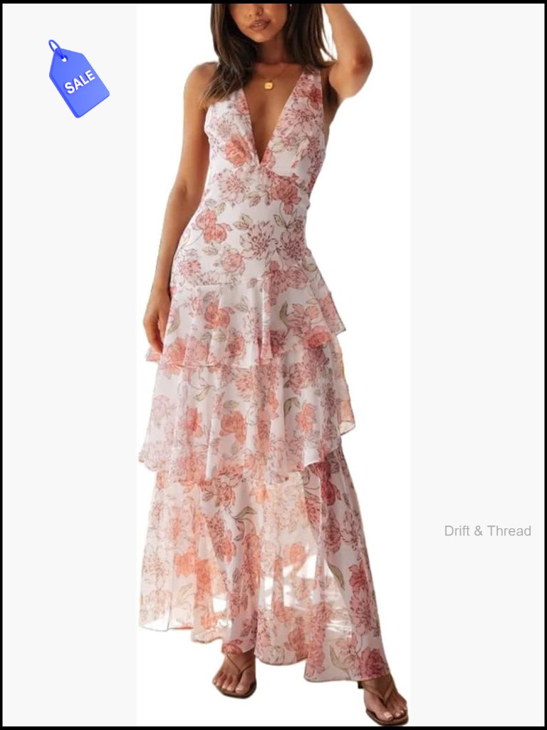 Sleeveless Deep V-Neck Backless Floral Maxi Dress